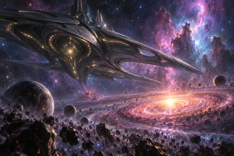 AI reconstructed illustration: A colossal Xel'naga worldship floating silently near a vibrant swirling nebula in the deep void of space.