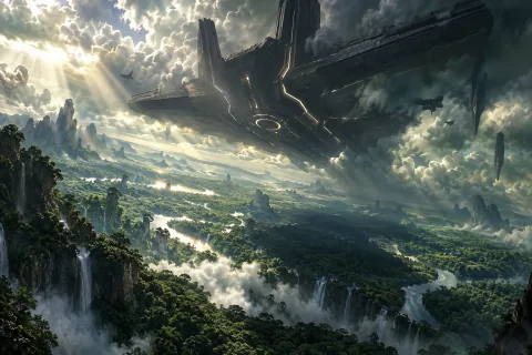 AI reconstructed illustration: Amon's dark, angular flagship descending through the green clouds of Aiur toward the jungle canopy.