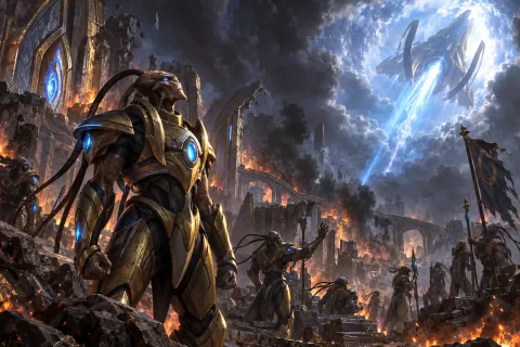 AI reconstructed illustration: A devastated Protoss warrior watching a Xel'naga ship depart into the sky amidst burning ruins.