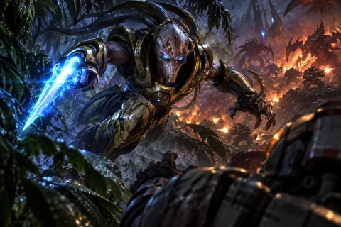 AI reconstructed illustration: A savage Protoss warrior with glowing blue eyes leaping from jungle shadows with a psionic blade during the Aeon of Strife.