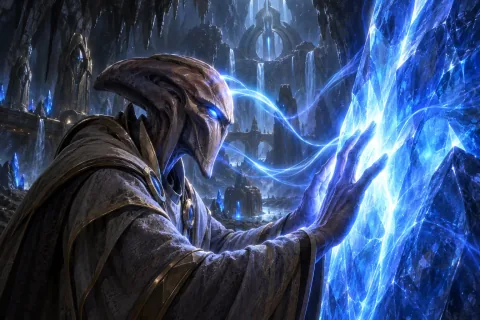 AI reconstructed illustration: Savasan (Khas) touching a massive glowing blue Khaydarin crystal in a dark cavern, awakening the Khala.