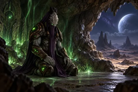 AI reconstructed illustration: An independent Nerazim warrior meditates alone in a cave after leaving the Khala.