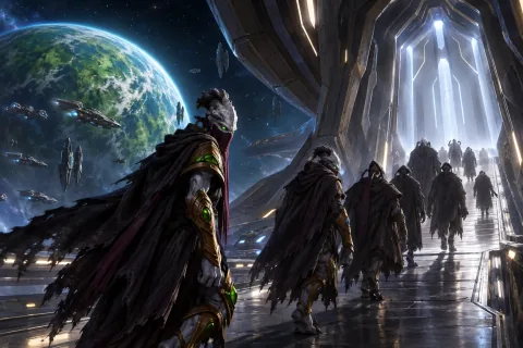 AI reconstructed illustration: Exiled Nerazim Protoss boarding an ancient Xel'naga ship, looking back at the planet Aiur in the distance.