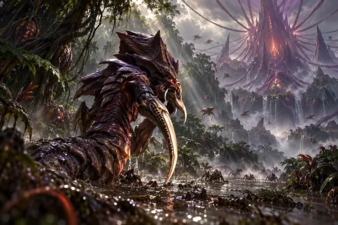 AI-reconstructed illustration — Zerg and Hydralisks swarming in the primordial jungle.