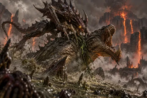 AI Reconstructed Illustration: A primal zerg beast pounces on a massive-jawed predator in a steaming volcanic swamp on Zerus.