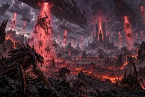 AI Reconstructed Illustration: Amon's dark ships descend on Zerus, lifting and forcefully mutating primal zerg with red psionic beams.