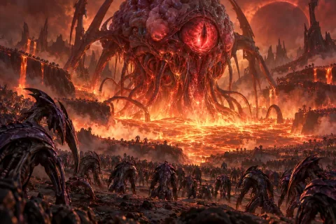 AI Reconstructed Illustration: The colossal Overmind with a giant red eye rises from a boiling lava lake on Zerus.