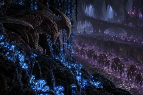 AI Reconstructed Illustration: An uncorrupted primal zerg beast watches the mindless Swarm crawling over creep in a dark cavern.
