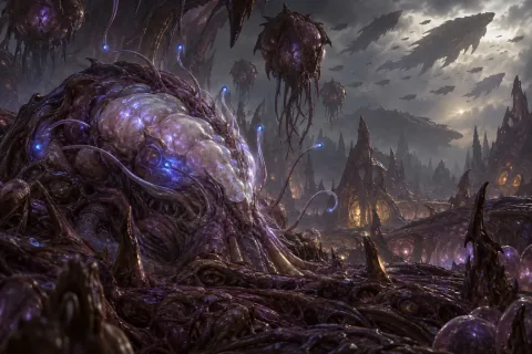 AI Reconstructed Illustration: A giant larval Cerebrate rests on creep surrounded by floating Overlords on Zerus.