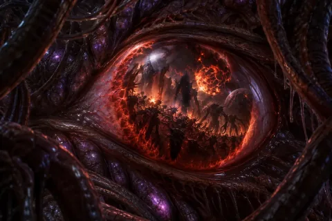 AI Reconstructed Illustration: The Overmind's giant red eye reflects a dark vision of burning stars and Hybrid silhouettes.