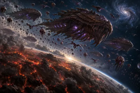 AI Reconstructed Illustration: A massive fleet of Zerg Behemoths and Overlords launches from Zerus into the starry void.