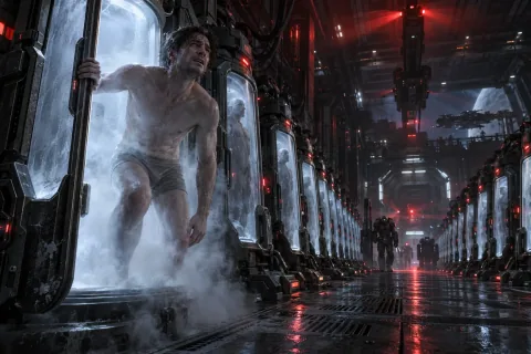 AI reconstructed illustration: A nameless exile waking up from a cryo-chamber inside a drifting UED supercarrier under red emergency lights.