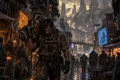 AI reconstructed illustration: A weary miner carrying heavy mining gear through the smog-filled industrial slums of Tarsonis.