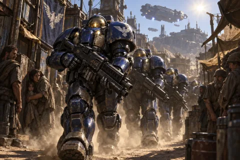 AI reconstructed illustration: Confederate Marines in blue CMC armor marching through a colony street while terrified colonists look on.
