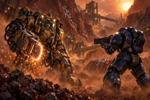 AI reconstructed illustration: A Kel-Morian miner in a modified yellow mining suit facing off against a Confederate Marine on Moria.