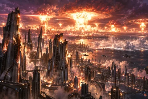 AI reconstructed illustration: The nuclear bombardment of Korhal, with giant pillars of fire vaporizing a futuristic city.