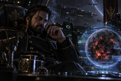 AI reconstructed illustration: Arcturus Mengsk staring with cold hatred at a hologram of the ruined Korhal inside his ship's cockpit.