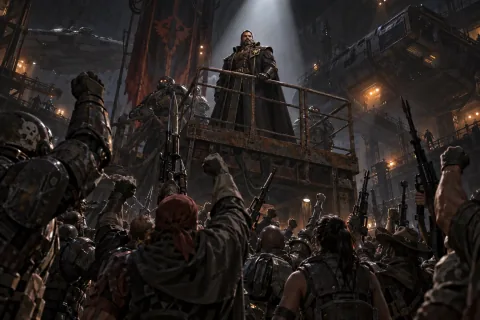 AI reconstructed illustration: Arcturus Mengsk addressing a crowd of rebels under a spotlight in a dark hangar, forming the Sons of Korhal.