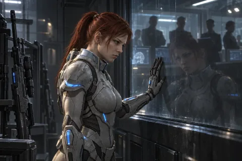 AI-reconstructed illustration — Sarah Kerrigan as a human under control and surveillance in a Ghost training facility.