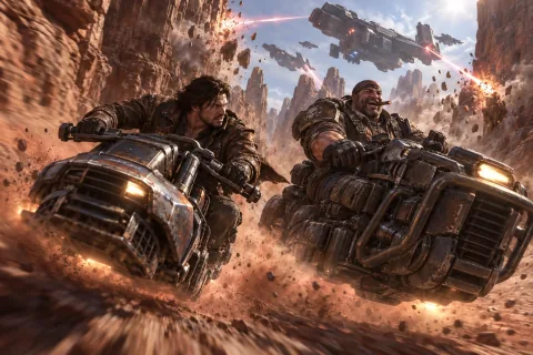 Young Jim Raynor and Tychus Findlay escaping on hoverbikes through a dusty canyon on Shiloh.