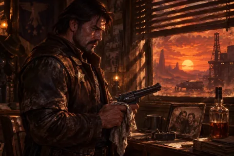Sheriff Jim Raynor looking out the window of his Mar Sara office at a red sunset.