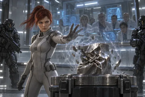 Young Sarah Kerrigan crushing a titanium block with her mind in a Confederate lab.