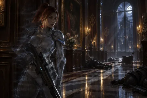 Sarah Kerrigan standing in the dark Mengsk mansion on Korhal after her assassination mission.