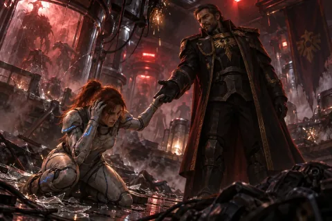 Arcturus Mengsk offering his hand to a disoriented Sarah Kerrigan after removing her neural inhibitor.