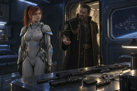 Sarah Kerrigan standing rigidly at attention as Arcturus Mengsk enters her quarters on the flagship.