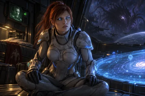 Sarah Kerrigan meditating in her dark quarters, suddenly sensing a chilling alien presence in the void.