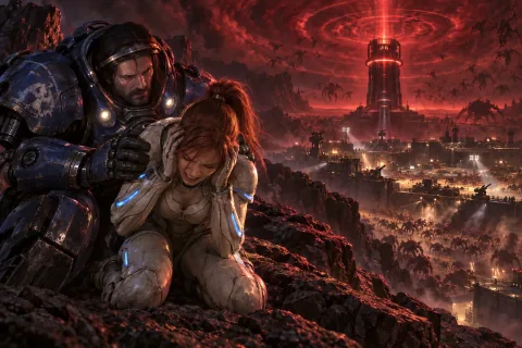 រូបភាពបង្កើតឡើងវិញដោយ AI: Sarah Kerrigan ឱបក្បាលរបស់នាងដោយការឈឺចាប់ផ្នែកផ្លូវចិត្តនៅពេលដែល Psi Emitter ត្រូវបានដំណើរការ ដោយមាន Jim Raynor ជួយគាំទ្រនាង។