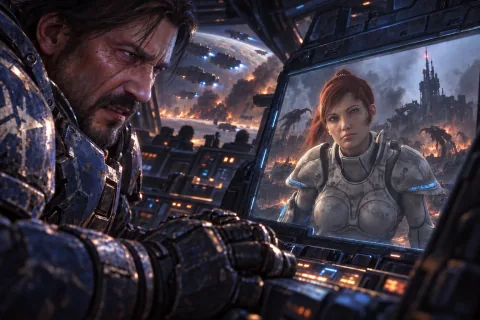 AI-reconstructed illustration — Jim Raynor on the bridge, listening to the rescue plea of human Kerrigan left behind on Tarsonis.