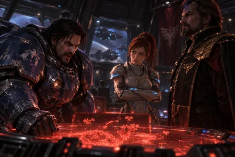 AI reconstructed illustration: Jim Raynor angrily confronts Arcturus Mengsk over the psychic emitters on the battlecruiser bridge, while Sarah Kerrigan looks on with deep concern.