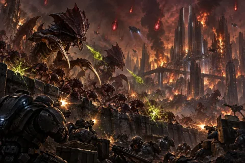 AI reconstructed illustration: Zerg Hydralisks and Zerglings swarm over a crumbling defensive wall in the burning Confederate capital of Tarsonis.