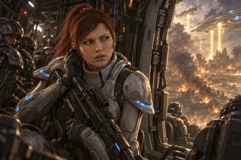 AI reconstructed illustration: Inside a dropship, Sarah Kerrigan reacts with shock and conflict to Mengsk's order to protect the Zerg from the Protoss.