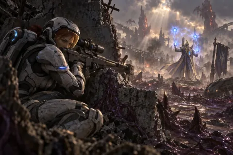 AI reconstructed illustration: Sarah Kerrigan aims her sniper rifle at a Protoss High Templar from the ruins of Tarsonis, fighting her own guilt.