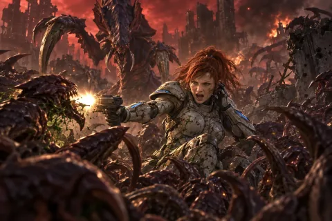 AI reconstructed illustration: Surrounded by Zerg on the battlefield, Sarah Kerrigan desperately fires her weapon while calling for evacuation.