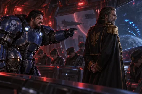 AI reconstructed illustration: Jim Raynor confronts Arcturus Mengsk in fury on the Hyperion bridge as Mengsk orders the fleet to abandon Kerrigan.