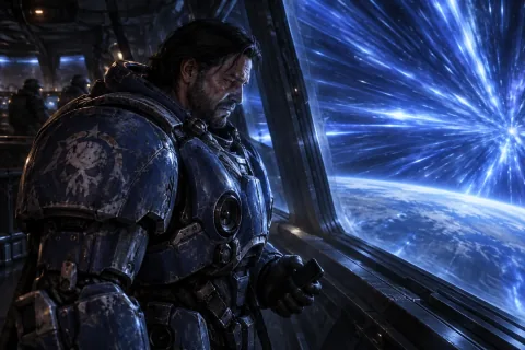 AI reconstructed illustration: Jim Raynor stands in grief on the bridge of the stolen Hyperion as it warps away from the burning planet of Tarsonis.