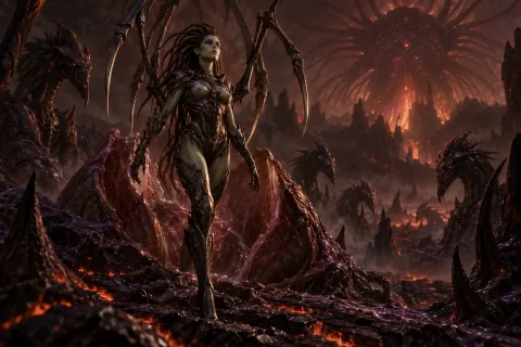 AI-reconstructed illustration — Sarah Kerrigan transforming into the Queen of Blades for the first time on Char.