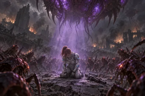Sarah Kerrigan on Tarsonis, surrounded by Zerg as the Overmind's psychic shadow claims her.