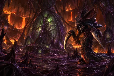 A massive Zerg chrysalis guarded by a Hydralisk in the volcanic caverns of Char.