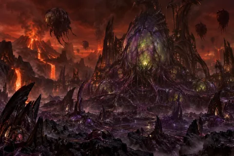 The pulsing Zerg chrysalis on the harsh, lava-filled surface of planet Char.