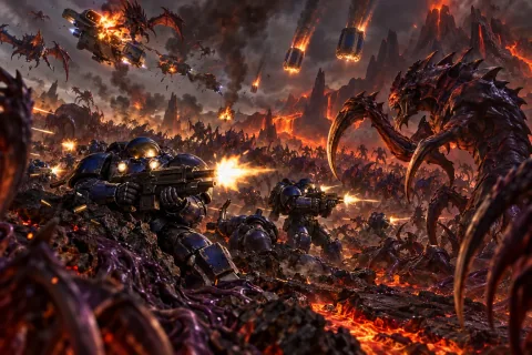 Terran Alpha Squadron forces being overwhelmed by the Zerg swarm on Char.