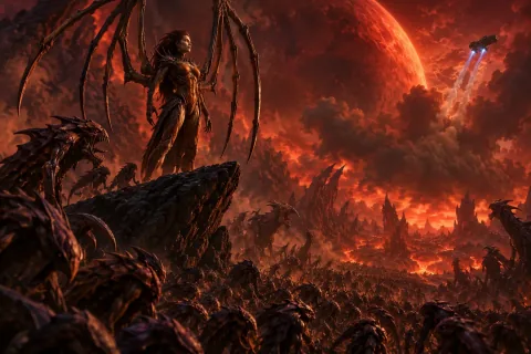 The Queen of Blades sparing Raynor and commanding the roaring Zerg swarm on Char.