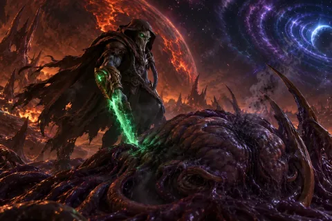 AI-reconstructed illustration — Dark Templar Zeratul attacking the Cerebrate Zasz on Planet Char.