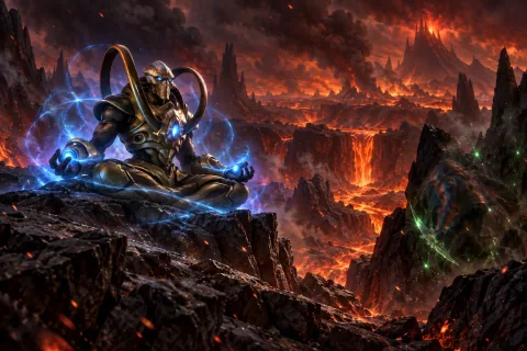 AI Reconstructed Illustration: Tassadar meditating on Char, sensing the Zerg and an approaching Dark Templar.