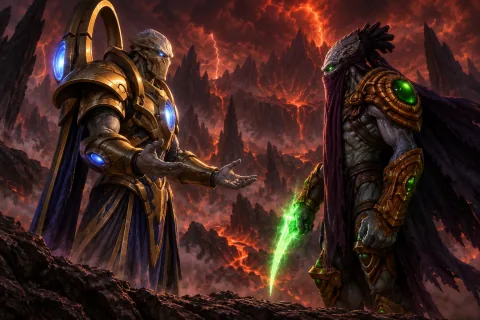 AI Reconstructed Illustration: Tassadar and Zeratul meeting on Char, forming an alliance.