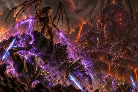 AI Reconstructed Illustration: Kerrigan and Zasz commanding the Zerg forces on Char.