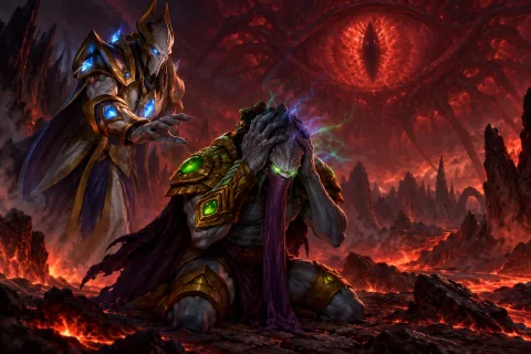 AI Reconstructed Illustration: Zeratul in agony as the Overmind extracts Aiur's location from his mind.